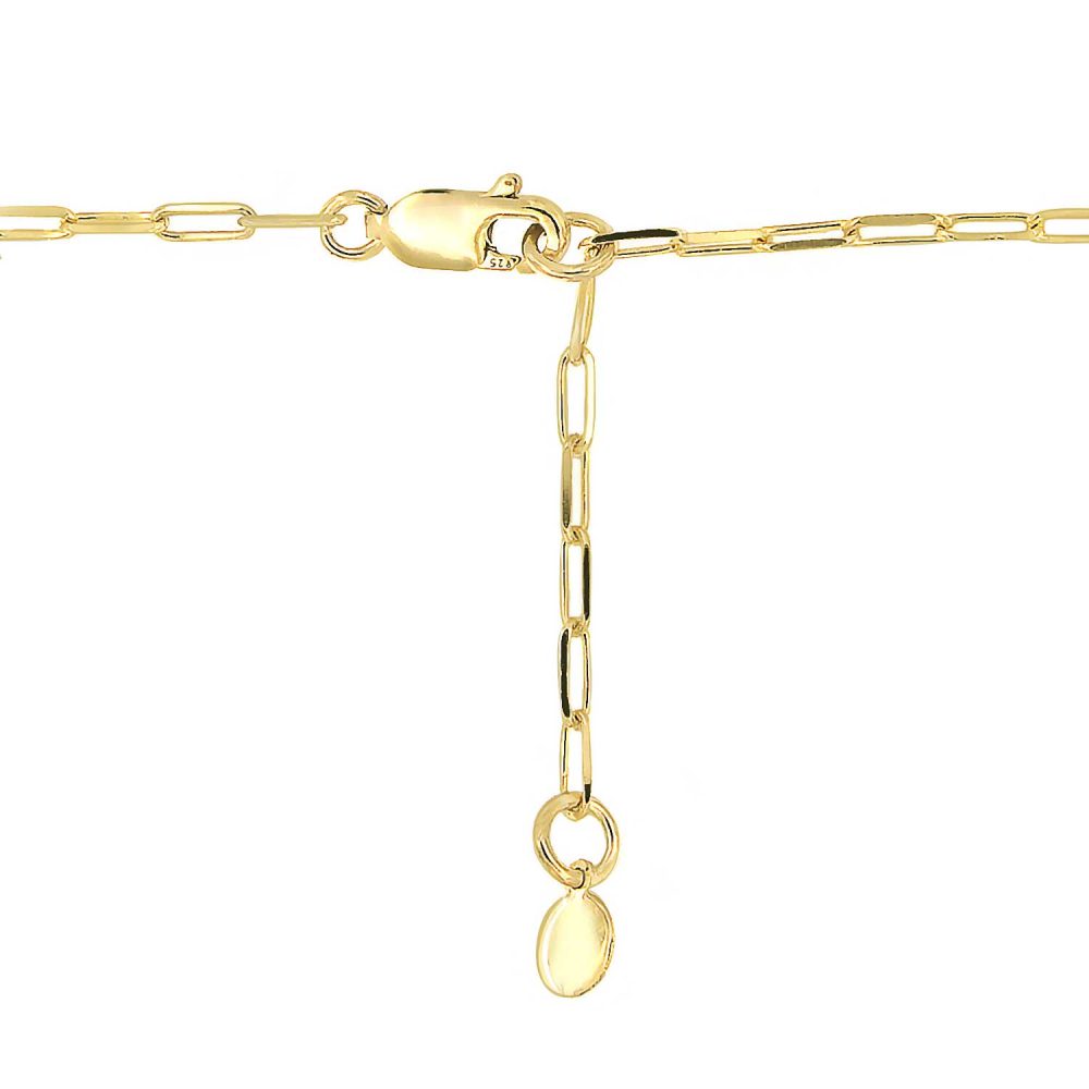 Dettaglio della chiusura regolabile con moschettone della collana donna con nota musica dorata.
