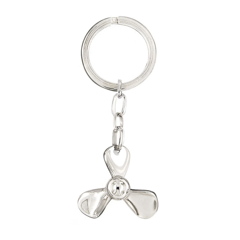 Portachiave a forma di elica nautica in argento rodiato realizzato a mano.