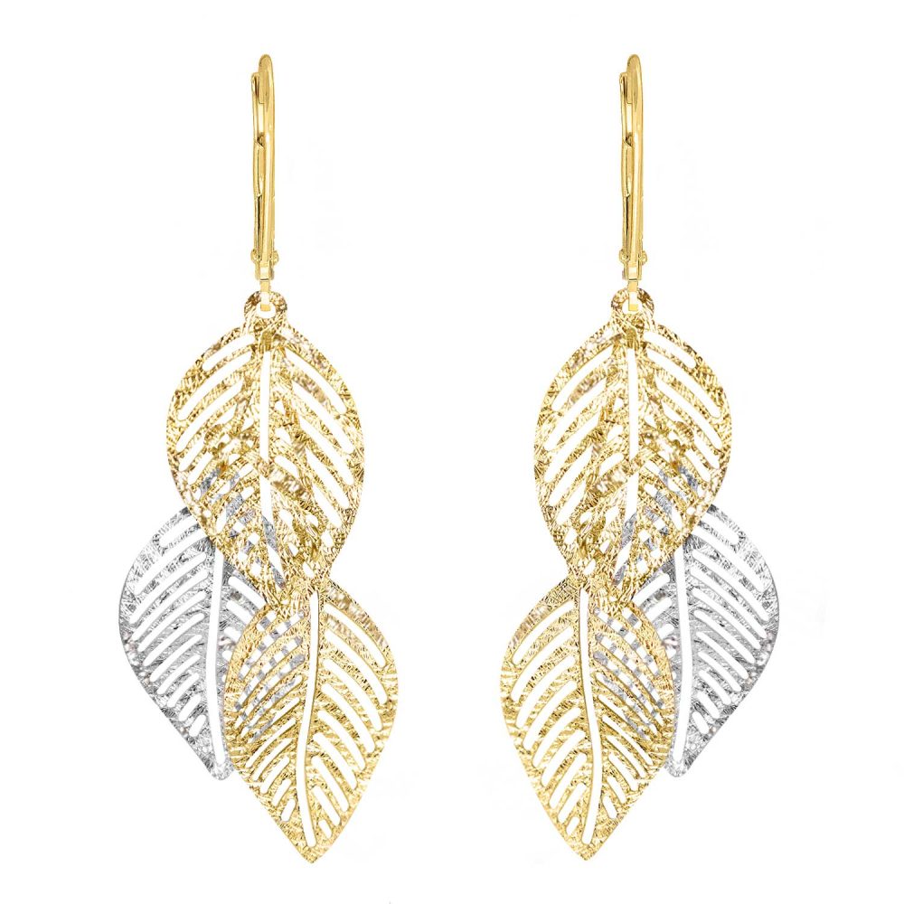 Orecchini formati da tre foglie diamantate in oro bianco e giallo.